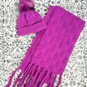 Pom Pom Beanie & Long Fringe Scarf Set Fuchsia Super Soft 2 Piece
